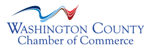 Wavy red and blue W graphic and text Washington County Chamber of Commerce logo