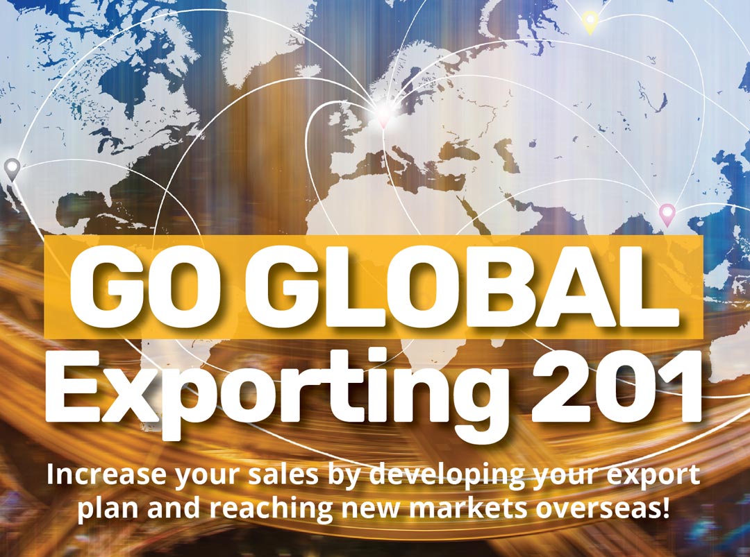 Pitt SBDC Go Global Exporting 201 image with world map and transportation lines around the world