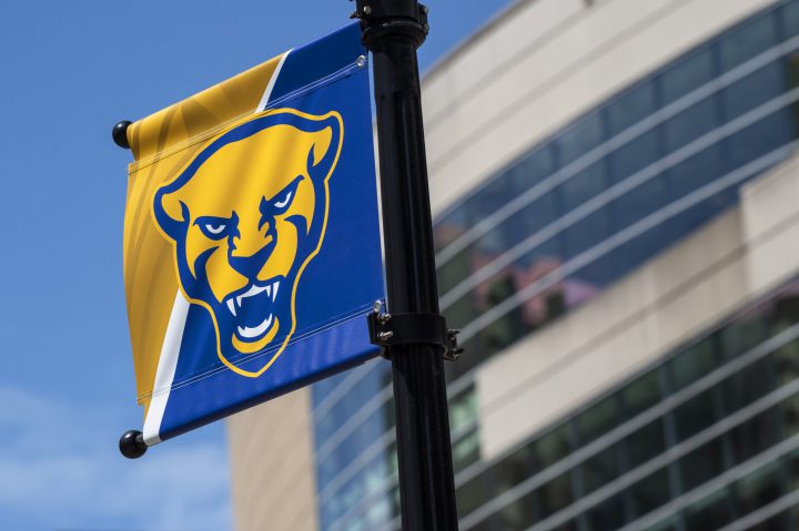 Pitt Panther head flag outside of Petersen Events Center