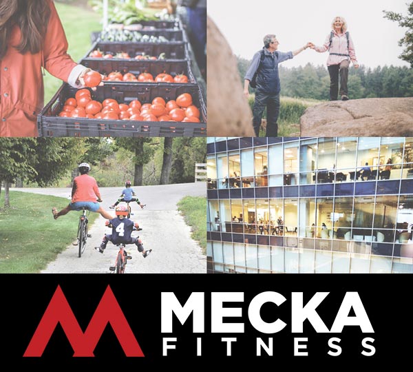 Images of a healthy lifestyles with the Mecka Fitness logo below