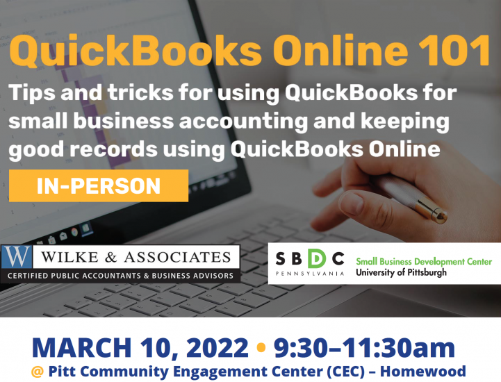 Pitt SBDC QuickBooks Online 101 with Wilke & Associates CPAS image of woman typing on laptop
