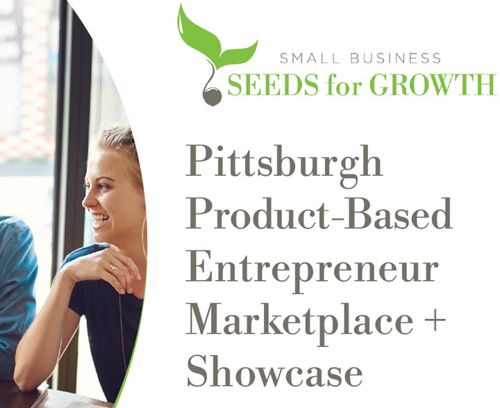 Small Business Seeds for Growth logo with a young woman looking toward another person in conversation at a table at work