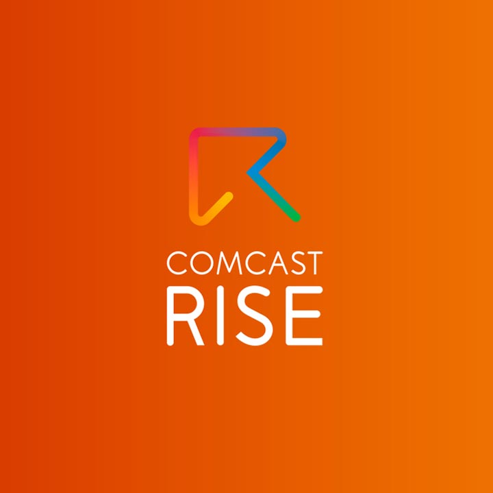 Comcast Rise logo with multicolor arrow on orange gradient background