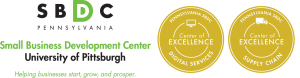 Pitt SBDC logo with Center of Excellence badges for Digital Services and Supply Chain