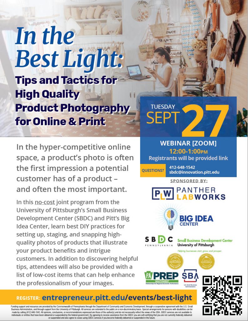 flyer Pitt SBDC product photography course flyer