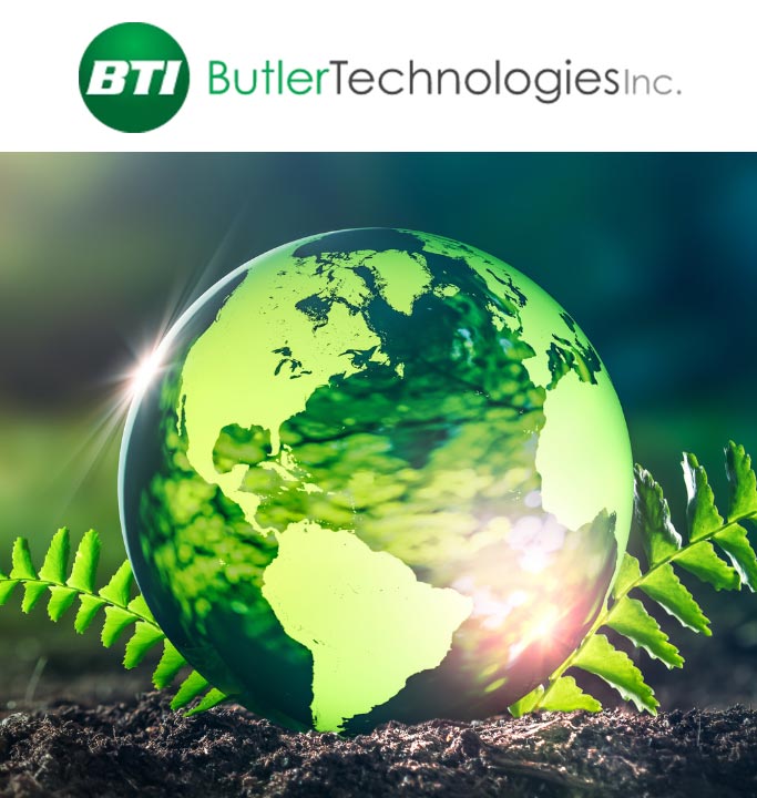 Green Earth orb in fern with Butler Technologies logo above in header