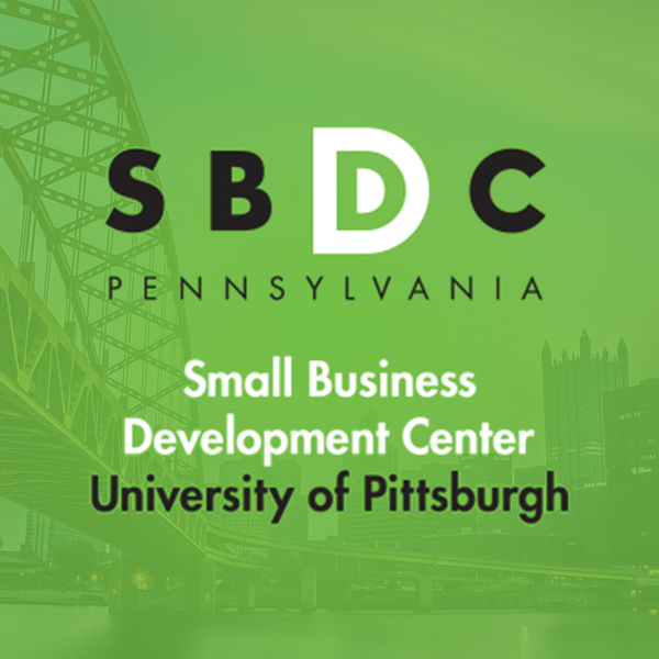 Small Business Development Center at the University of Pittsburgh (Pitt SBDC) logo on green background with Pittsburgh bridge city entrance in the background