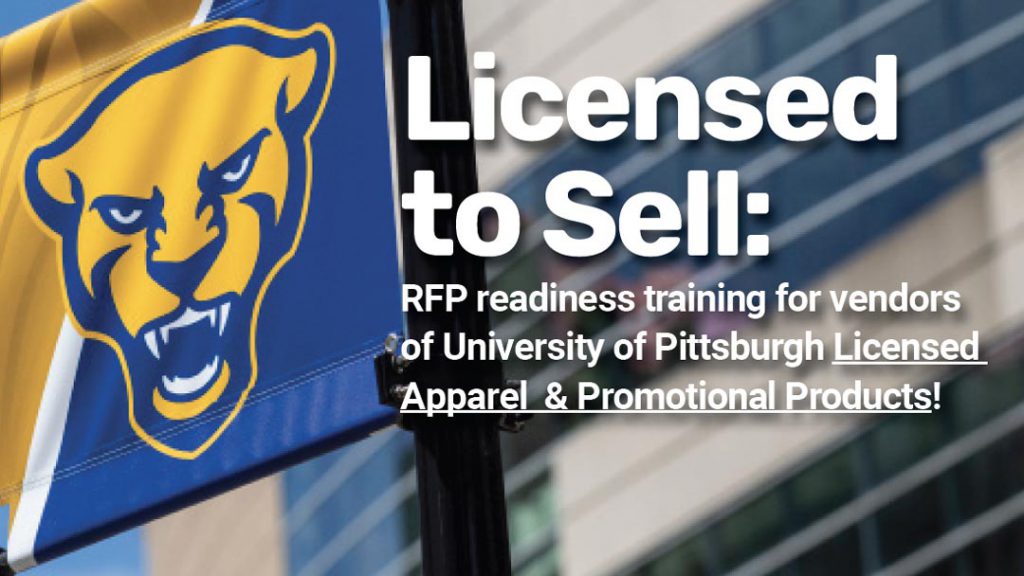 Pitt flag in front of Petersen Events Center with Licensed to Sell text over image
